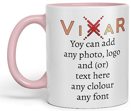 Vixar Personalised Coloured Inside Handle Mugs Cups 11oz, Your Photo Logo Text Design Gift (Pink)