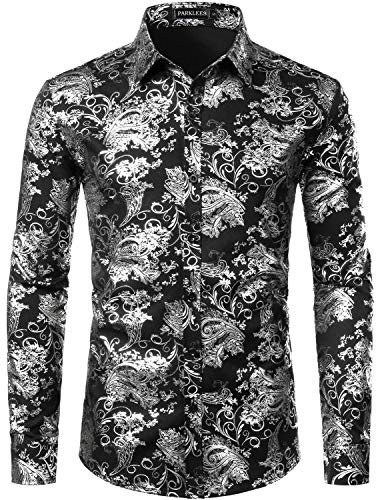 PARKLEES Men's Luxury Paisley Gold Shiny Printed Stylish Slim Fit Button Down Dress Shirt PZLCL18 Black Silver XL