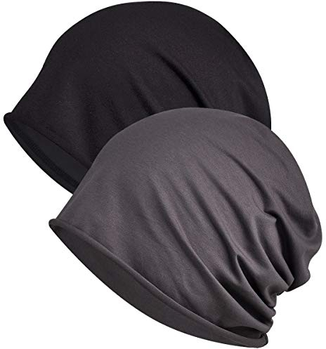 WELROG Chemo Hat Mütze für Frauen Kopftuch Superweicher Slouchy Turban Kopfbedeckung Kopfwickel Chemo Headgear Head Wraps Schlafhut gegen Krebs und Haarausfall Schwarz + Dunkelgrau (Einschichtig)