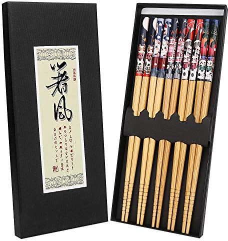 5 Pairs Natural Reusable Bamboo Chopsticks with Fortune Cat Pattern, Quality Anti-Slip Japanese Chopstick Gift Set Dishwasher Safe, Nicely Presented Chinese Chop Sticks for Asian Dishes Sushi Noodles