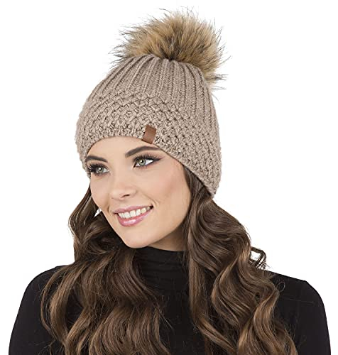 VIVISENCE Wintermütze Mit Bommel Damen Warmes Ideal Für Kalte Wintertage 7016, Beige,Einheitsgröße