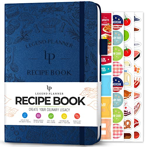 Legend Recipe Book – Blank Family Cookbook to Write In Your Own Recipes – Empty Cooking Journal – Personalized Cooking Notebook, Hardcover, A5-Sized, 58 Recipes In Total - Mystic Blue