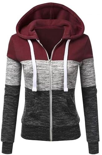 Newbestyle Hoodies for Women Color Block Hooded Sweatshirt Basic Zip-Up Jersey Jacket Long Sleeve Top with Pockets Plus Size Wine Red 3XL