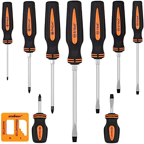 BRIMIX 10 pc Juego de destornilladores profesionales magnéticos, puntas Phillips y planos, con magnetizador. Kit de herramienta profesional para bricolaje y para su taller.