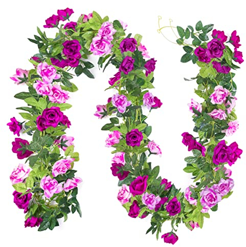Kisflower 3PCS künstliche Blume Girlanden 23.7FT Seide Rose Girlande gefälschte hängende Blumengirlanden für Hochzeit Home Decoration (Magenta)