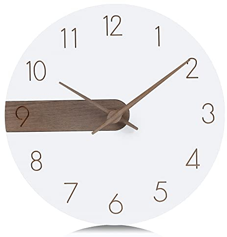 Lafocuse Moderne Weiße Wanduhr Lautlos Holz Bretter Rahmenlos Quarzuhr mit Gravur Ziffern Minimalistisch für Wohnzimmer Küche Schlafzimmer 29cm