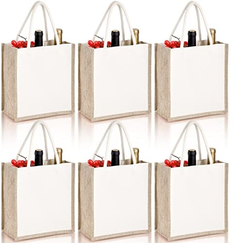 SOUJOY Jute-Tragetaschen, wiederverwendbare Jute-Geschenktaschen mit Griffen, kleine Strandtaschen, Leinen-Einkaufstaschen für Brautjungfer, DIY, Shopping, Pool, Hochzeit, 6 Stück, Beige, Small