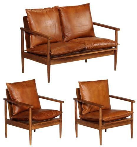 vidaXL 3-TLG. Sofagarnitur Echtleder mit Massivholz Akazie Braun, Couch, Wohnzimmermöbel, Ledersessel Chaiselongue, Lounge, Ledersofa, Wohnzimmersofa