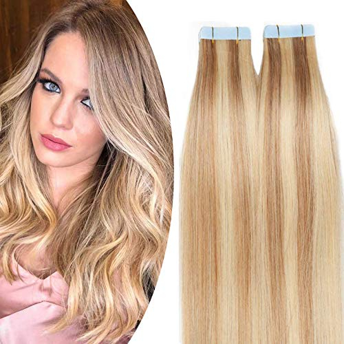 SEGO Haarverlängerung Echthaar Tapes Extensions 20 Tressen/30 g Klebeband Band in Haarverlängerung Kleber Haarteile Hair 24(60cm)-30g Honigblond/Hellblond#18p613