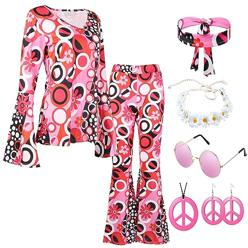 Hippie Verkleidung Damen Erwachsene Jahr 70 Jahr 60 Disco-Outfit Damen Kostüm Hippie Kostüm Jahr 70 Hose Vintage Damen Halskette Peace and Love Hippie Brille Jahre 70 Hemd Zubehör S