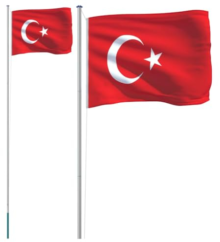 vidaXL Flagge der Türkei mit Mast, Türkische Fahne mit wetterfestem Fahnenmast, Nationalflagge für Garten, Länderflagge Länderfahne, 6,23 m Aluminium