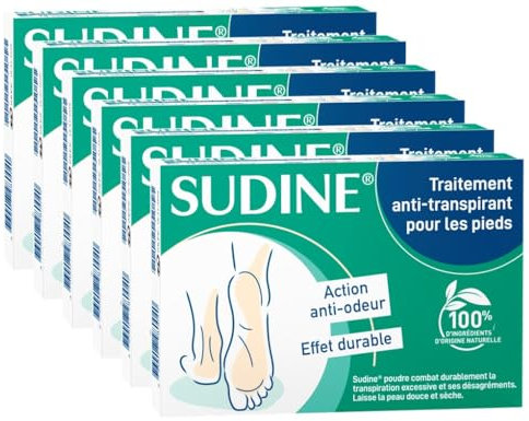 SORIFA - Lot de 6 - Sudine Poudre Traitement Anti-transpirant - Pied - Régule la transpiration - Absorbe - Prévient les mycoses - Sans sels d’aluminium - Fabriqué en France - Boite 6 sachets-doubles