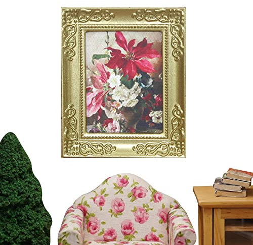 shangjia Miniatur Puppenhaus gerahmte Bilder | Puppenhaus Kunst Ölgemälde 1:12 | Puppenhaus Miniatur Goldrahmen Wandbild Dekoration Zubehör