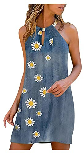 Damen Kleid Langarm Neck Fashion Dovetail Plaid Round Dress Sommer Damen Sling Print Damenkleid (Blue, XL)