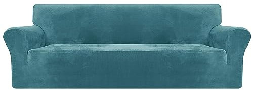 XINEAGE Samt Sofaüberzug 4 Sitzer, Stretch Sofa überzug für Wohnzimmer, Dicke Weiche Sofaüberwurf, Rutschfester Sofa Cover für Hunde, Haustiere (4 Sitzer, Tealblau)