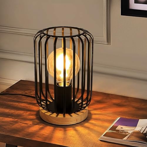 Comely Lámpara de Mesa Vintage, Lámpara de Noche E27 con Base de Madera y Pantalla de Metal, Lámpara de Mesita Interior Decorativa para Dormitorio Sala de Estar