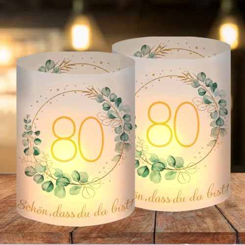 12 Windlicht Tischdeko 80 Geburtstag, Happy Birthday Tischdeko 80. Geburtstag Frauen, Deko 80 Geburtstag Frau Mann, Geeignet für Teelichter oder Kerzen mit Schön DASS Du Da Bist und Eukalyptus