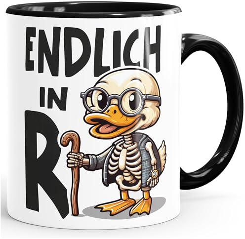 MoonWorks® Kaffee-Tasse Spruch Endlich in Rente Ente lustiges Geschenk Rentner Ruhestand Weiss-innen-schwarz standard