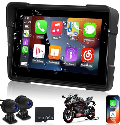 NHOPEEW Pantalla portátil Carplay para moto - CarPlay y Android Auto inalámbricos para moto - GPS Moto Navegador con pantalla táctil de 5 pulgadas - Impermeable IP67 FM EQ Mirror Link + Cámaras duales