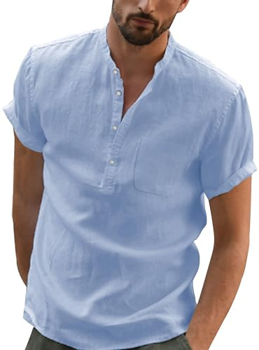 DUOLUVA Chemise Lin Homme Manche Courte Shirt for Mens Col Mao Leger en Coton Plage Classique