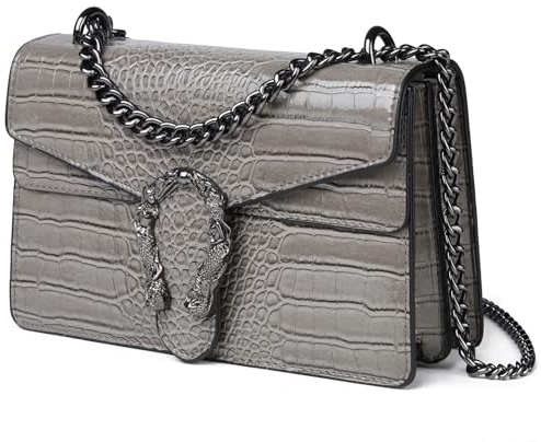 Travistar Kette Crossbody Bag Umhängetasche Damen Handtasche Damen Klein Schultertasche Leder cross body tasche stylisch Abendtasche mit Verstellbarer Ketten-Schulterriemen Grau