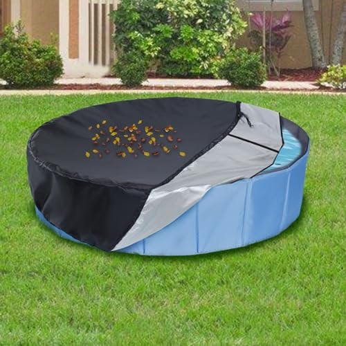 63in Wind-Proof Dog Pool Cover - 2XL Waterproof Tear-Resistant Round Pet Pool Cover Dual Drawstring, Foldable Dustproof UV Protection Protective Cover for Outdoor Kiddie Pet Bath Pool