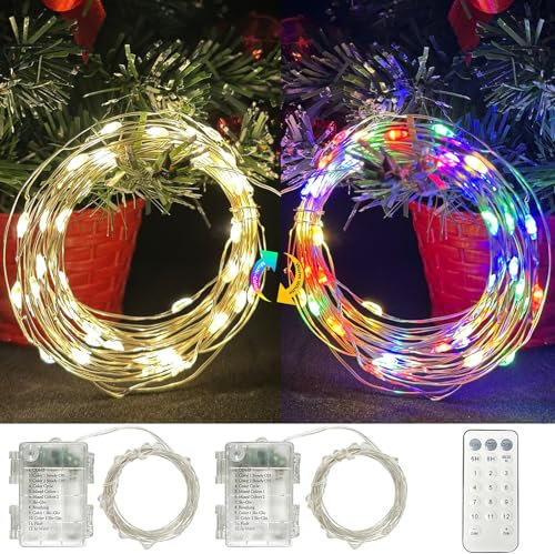Hopelit Lichterkette Außen Farbwechsel 2Stk 100m 100 LED Lichterkette Batterie Warmweiß + Bunt, 12 Modi Dimmbar Micro Lichterkette Innen mit Fernbedienung Timer Silbernedraht Für Weihnachtsbaum