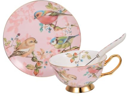 Amosfun Keramik-kaffeebecher Kaffeelöffel Und Untertasse Für Milch Saft Und Kaffee Vogel Und Pflanzenmuster Geeignet Für Zuhause Büro