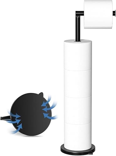 LAWALEISHE Toilet Roll Holder Free Standing with Suction Cup Base, Black Floor Folding Toilet Paper Holder Stand for Bathroom, 2 in 1 Stainless Steel 4 Toilet roll Storage Dispenser