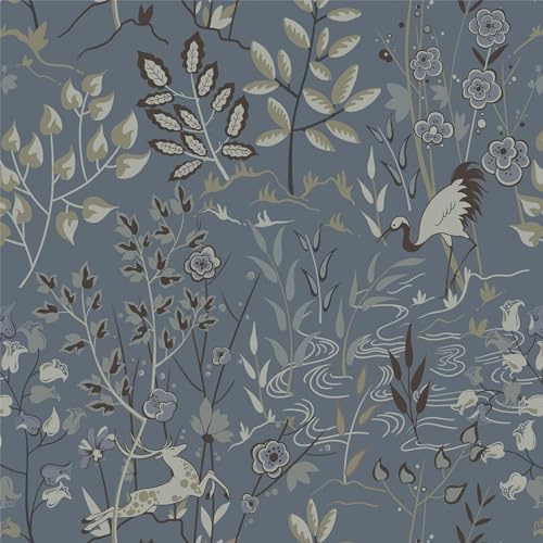 Timeet Self Adhesive Wallpaper Blue Sticky Back Plastic Dark Blue Botanical Deer Crane Contact Paper 39x1000cm(15.35in x 393.70in) Peel and Stick Wallpaper Waterproof Vinyl Film for Furniture Wall