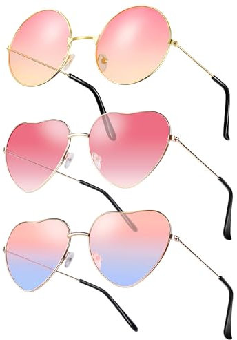 Forbabe 3 Paar Herz Sonnenbrille, Metallrahmen Party Brillen Lustige Herzbrille Rosa Hippie Brillen Runde Retro Kostüm Brille für Fasching Karneval Geburtstagsfeier Strand Party - Rosa