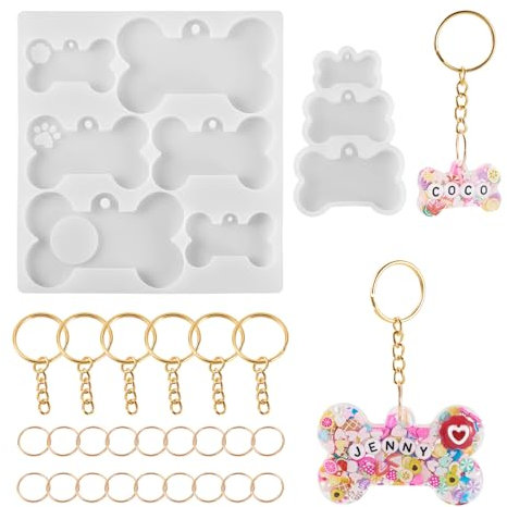 Bestewelry Lot de 2 moules en résine de silicone en forme d'os de chien en résine époxy UV avec porte-clés et anneaux ouverts pour la fabrication de bijoux sur le thème des animaux de compagnie