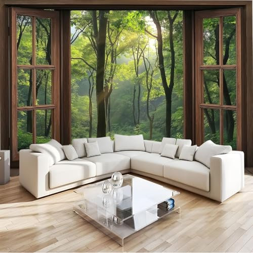 Green Wall Mural Wallpaper Vintage Wooden Frame Fantasy Forest Premium Non-Woven Art Photo Decals, for Home Interiors Kids Bedroom Décor W400 X H280 Cm