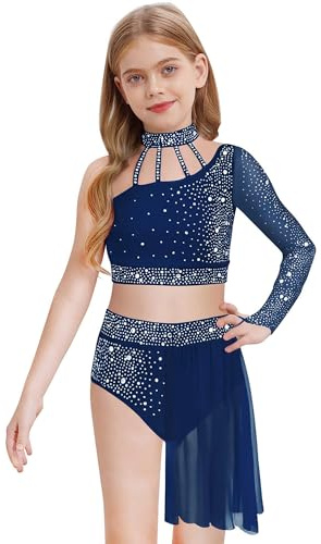 Alvivi Traje de Baile Lentejuelas Niña Maillot con Falda Patinaje de Manga Larga Vestido de Gimnasia Ritmica Traje Patinaje Artistico Competición Niña Azul Marino 7-8 años