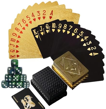 Professional Playing Cards 2 pack Poker Cards Plastic UK Set with 6 Coloured Dice |Fade-Resistant Poker Cards in Gold & Black | Includes Robust PP Storage Box for Pub Nights, Travel & Tabletop Games-g