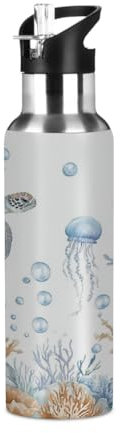 Mexpekil 20oz Thermal Flask, Bubbles Turtle Jellyfish Coral Stainless Steel Insulated Water Bottle with Straw, Leakproof Sports Bottle for Gym, Travel, Workouts