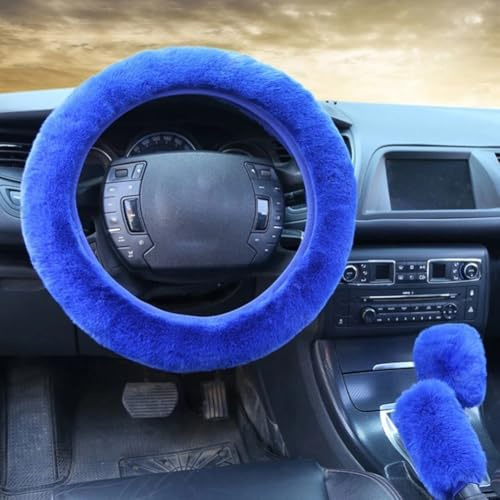AugustknowU Plüsch-Auto-Lenkradbezug-Set mit Handbremse und Schalthebelabdeckungen für Wintersicherheit (Blau, 3-teilig)