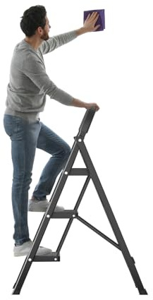 3 Step Ladder with Safety Buckle & Non-Slip Design,Ladders Extendable,Portable Folding Small Step Ladder for Home, Kitchen, Pantry, Indoor/Outdoor Use (Black)