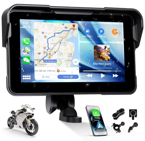 SIXTOP Motorrad-Carplay-Bildschirm, Kabelloses CarPlay und Android Auto für Moto,5-Zoll-wasserdichter Touchscreen, Bluetooth Audio, GPS-Navigation, Siri