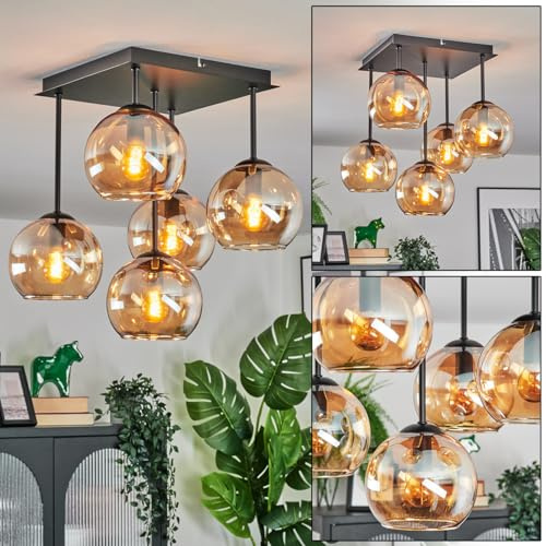 HOFSTEIN Deckenleuchte Koyoto, 5-flammige Deckenlampe aus Metall/Glas in Schwarz/Bernstein, moderne Leuchte im Retro/Vintage-Design (Ø Schirme 15 cm), E14, Esszimmer, Küche, Wohnzimmer