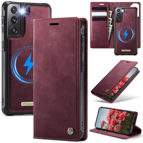 Belzsxy Hülle für Samsung Galaxy S21 FE, Echtleder Handyhülle [Abnehmbar] [Kabelloses Laden] [3 Kartenfach] [Ständer] [RFID Blocker] [Handy-Ösen] 2 IN 1 Magnet Klapphülle - Rot