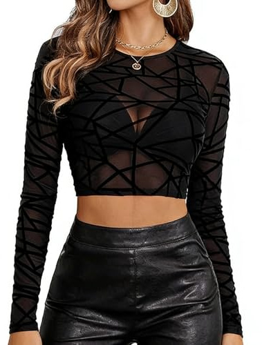 DAVBNM Women's Slim Fit Crop Tops Long Sleeve Top Sheer Sexy Mesh Shirts Tight Blouse Y2K Clothing Party Club Streetwear Black