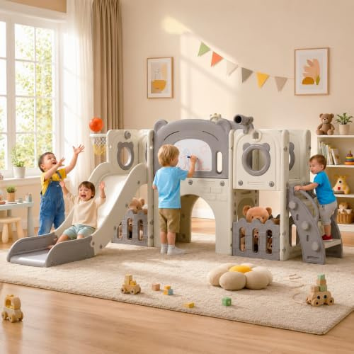 MAMIZO 10 in 1 Kinderrutsche, Kinder Rutsche mit Klettergerüst, Grau Weiß | Indoor & Outdoor Rutsche,mit Basketballkorb,Lagerung,Zeichenbrett und Pinsel,Gartenrutsche,Kinder Spielplatz,mit 4PCS Moduls