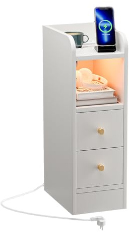 Schmaler Nachttisch mit Steckdose, RGB LED-Beleuchtung Nachtschrank mit 1 AC 2 USB Anschluss, 1 offenes Fach und 2 Schublade, Fernbedienung Nachttische für Schlafzimmer Wohnzimmer, Weiß 30x20x60cm