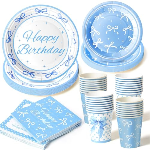 80pcs Azul Platos y Vasos para Cumpleaños 20 Personas Vajilla Cumpleaños Infantil Servilletas Papel Platos Cubiertos Happy Birthday Lazo Azul Cumpleaño Niñas y Mujeres