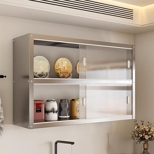 WHOROB Mehrzweckschrank Hängeschrank Küche Mit Transparenten Schiebetüren Materialien: Edelstahl und Acryl Zwei Montagemöglichkeiten Tragkraft Pro Ebene: 25 Kg Schrank Küche(120 * 30 * 70cm)