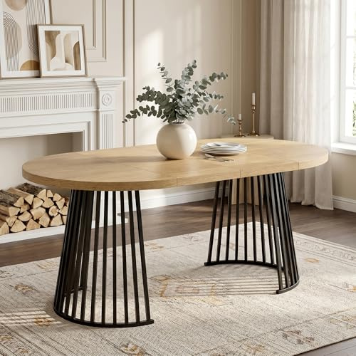 Merax Ausziehbarer runder Esstisch,Oval Tisch für 4-8 Personen,Zweiteiliges Teleskopdesign,verdickte Tischplatte, für Wohnzimmer Esszimmer Küche Büro Garten, Eichenfarbe+Schwarz,100/138/176*100*76cm