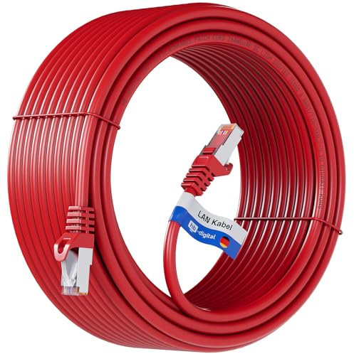 HB-DIGITAL 30m LAN Kabel RJ45 Patchkabel mit CAT 7 Rohkabel S/FTP - GHMT zertifiziert - 10 Gigabit Ethernet Netzwerkkabel Kupfer Profi PiMF für Patchpanel Switch PC Router - Rot