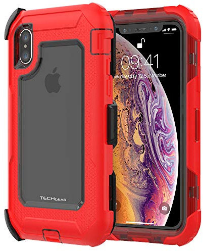 TECHGEAR Contender Case for iPhone XS, iPhone X, Heavy Duty Shockproof [Tough Armour] Case with Built-in Screen Protector, 360 [Full Body] Protective Cover with Kick Stand and Holster, Red/Smoke