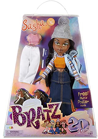 Bratz 20 Yearz Special Edition Modepuppe Sasha - Holografische Verpackung & Poster - Sammlerpuppe - 20 Yearz Motiv, Fan-Liebling Neuauflage von 2001 - Enthält 2 Outfits, Schuhe, Tasche & mehr